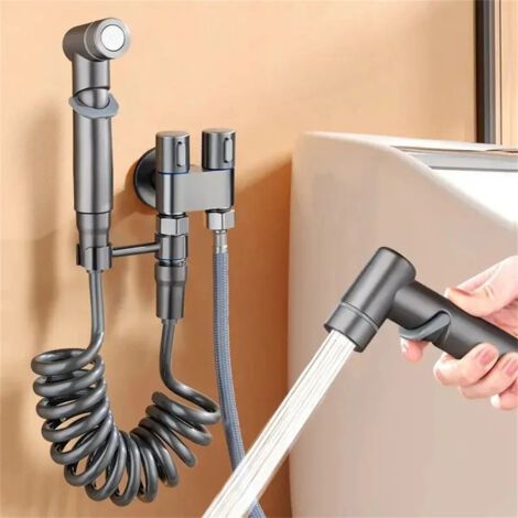 Pistolet pulvérisateur portatif gris avec tuyau à ressort, acier inoxydable, double commande, entrée simple, robinet et pistolet de chasse d'eau (1/5)