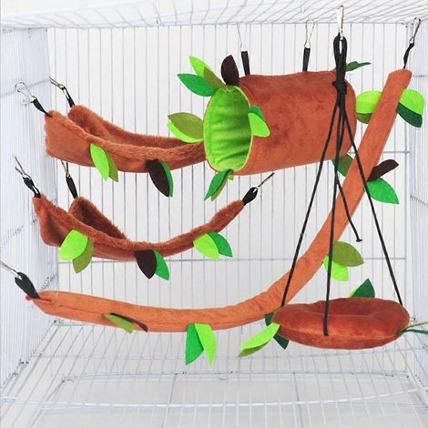 Jouet en peluche pour petits animaux de compagnie, balançoire suspendue en forme de feuille de forêt, hamac, corde, décoration pour cage de hamster - Ensemble de 5 pièces (1/4)