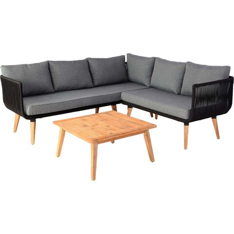 Mobiliario de jardín estructura sofá y mesa en madera de acacia y acero cojines gris oscuro cuerda de malla 040008319
