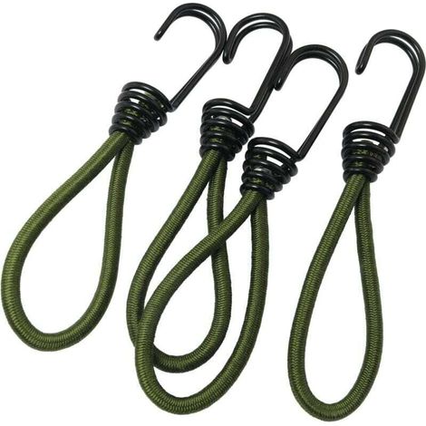 Paquete de 4 ganchos de cordón elástico resistentes de 6 mm, color verde militar, con cordón elástico reflectante extraíble de 15 cm. (1/4)
