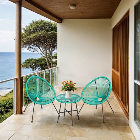 Ensemble de Meubles de Jardin, 3 Pièces, Fauteuils Extérieurs Acapulco et Table Basse Ronde en Verre, Bleu et Noir