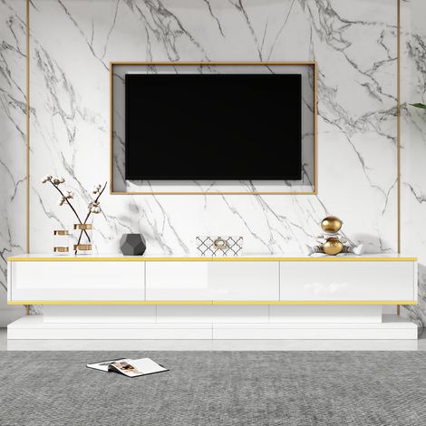 Meuble TV blanc 200 cm, avec 3 tiroirs, finition brillante, meuble TV indépendant, compatible avec les téléviseurs 75 pouces, design moderne, Blanc (1/5)