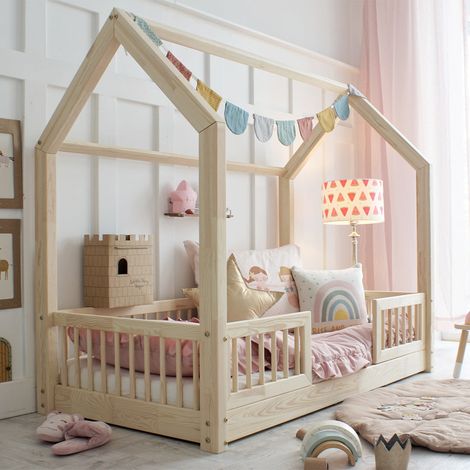 Cama cabaña 90x190 con barandilla y somier patas de 1 cm Sofia Madera (1/4)