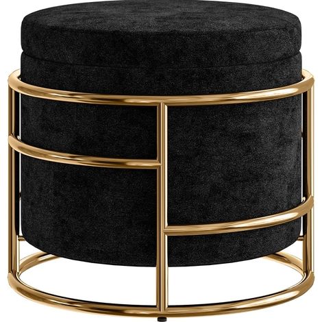 Pouf avec rangement en velours noir et structure métallique dorée, Ø42 x 39 cm (1/5)