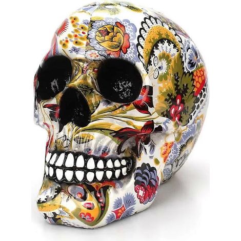 1 pièce, Décoration Crâne d'Horreur en Résine Peinte avec Fleurs et Couleurs, Décoration d'Halloween pour la maison, le bar, la table ou le bureau, Cadeau Artisanat