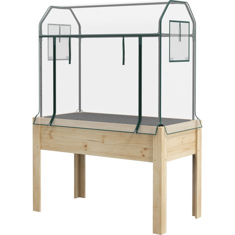 Wooden Planter Box with Greenhouse Cover Bed Liner, Raised Garden Bed for Vegetables, Flowers, Herbs (1/5)