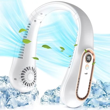 Ventilatore da collo portatile, senza pale, con 5 velocità, rotazione a 360°, colore bianco. (1/4)
