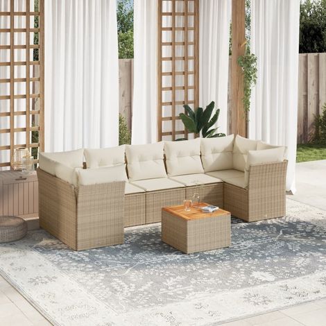 Salon de Jardin 8 Places en Résine Tressée Beige avec Coussins - Ensemble Modulaire Canapés d'Angle et Central avec Table Acacia (1/3)