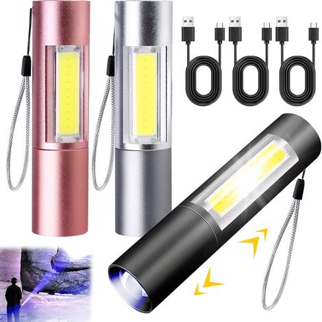 Linterna LED recargable por USB, juego de 3 piezas, linterna LED ultra potente con zoom, linterna táctica, 3 modos de iluminación, resistente al agua, linterna para uso doméstico, camping, senderismo, (1/5)