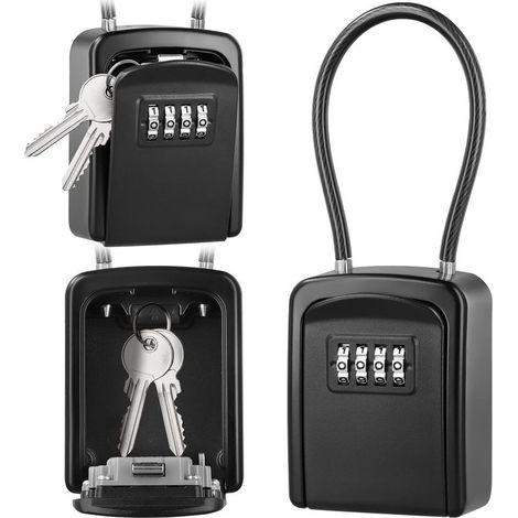 Boîte à Clé en Câble Métallique, Boîte à Clé Sécurisée Combinaison à 4 Chiffres Extérieur étanche, pour Entrepôts, Porte, Garages, Entrées de Secours - Noir (1/5)