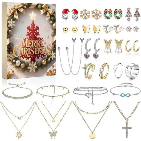 Calendrier de l'Avent 2025 - Coffret cadeau surprise bijoux, boucles d'oreilles, collier, bracelet, accessoires pour femmes - (Modèle RC451G)