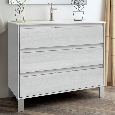 Meuble sous vasque seul, 3 tiroirs, 100cm, pour simple vasque - hibernian (bois blanchi) - TIRIS