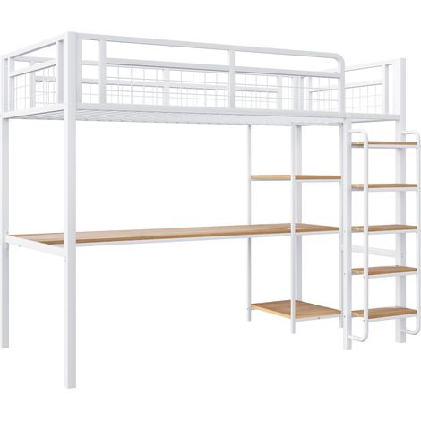 Lit mezzanine métallique 90x200 cm, échelle sécurité avec marches, lit simple enfant avec table et étagères, garde-corps métal, blanc, sans matelas, gain de place (1/5)