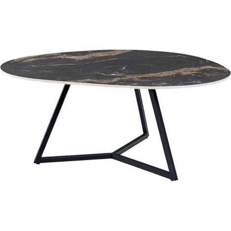 Couchtisch PETRANO 90 cm in schwarzer Keramik mit Sandmarmor-Effekt und schwarzem Metall – organische Form (1/5)