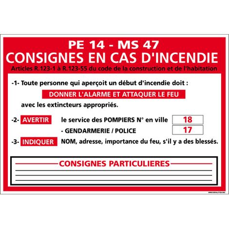 Panneau CONSIGNES EN CAS D'INCENDIE (A0574) - Plastique PVC 1,5 mm - 300 x 210 mm