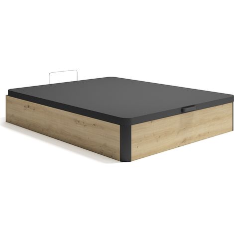 Vente-Unique – Sommier coffre 160 x 200 cm – Naturel clair et noir – Ouverture verticale avec pistons à gaz – Capacité de rangement 845 L