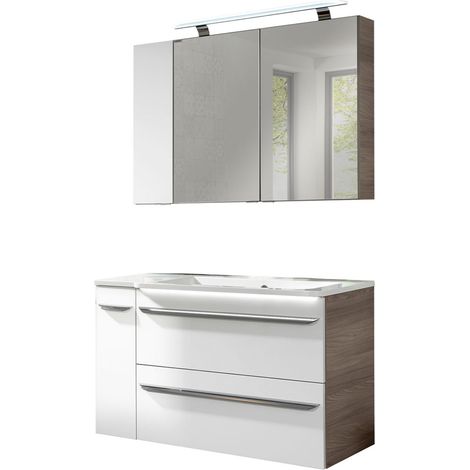 Fackelmann LUXOR Badmöbel Set 5-teilig 100 cm, Braun/Weiß + LED-Spiegelschrank + Badschränke links"-"90219145 (1/5)