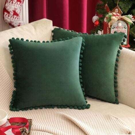 Set di 2 federe natalizie in velluto con pompon decorativi, morbide, lisce, moderne, ideali per soggiorno, camera da letto e divano, 40x40 cm, verde scuro.