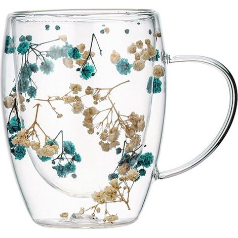 Doppelwandige Glas Kaffeebecher Transparenter Kaffeebecher mit Blumenmuster und Henkel, 350 ml Isolierte, hitzebeständige Kaffeetassen für Tee, C (1/5)