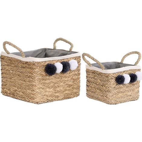 Panier boho naturel pompons coton pour rangement déco salon - Naturel beige pompons blanc et gris (1/3)