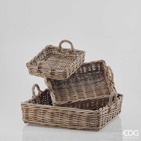 EDG Enzo De Gasperi Set 3 Pz Cesto Rattan Quadrato con Manico H 8 Cm H 10 Cm H 13 Cm Light Grey