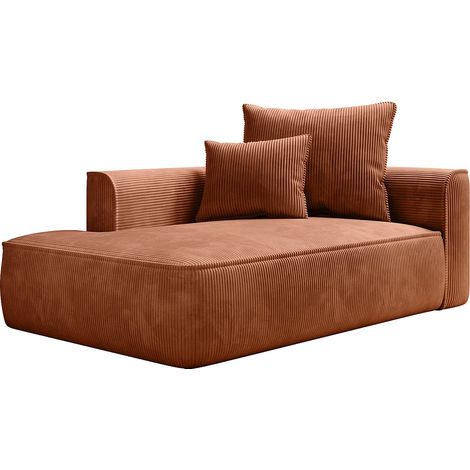 Vente-Unique – Méridienne gauche en velours côtelé terracotta – 180 cm – Confort d'assise équilibré – Coussins additionnels inclus – Fabriquée en Europe
