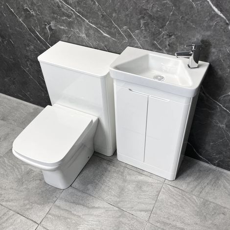 Bathroom Cloakroom Vanity Set White Gloss Ross 1000mm with Toilet and Basin Unit, Without Tap (1/5)