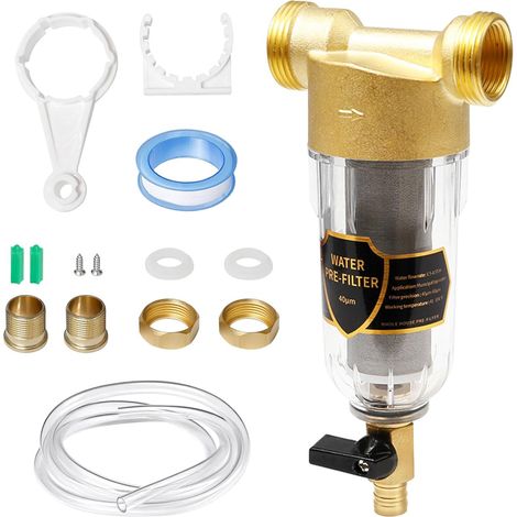 Filtre à Sédiments Eau 40 Microns, Raccord 3/4 Pouce Préfiltre Eau Préfiltre Spin Down Transparent Lavable avec Adaptateur Laiton 1 Vers 3/4 Pouce pour Eau de Puits, Pluie et Pompe (1/5)