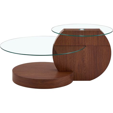 Table basse en verre trempé à deux niveaux, structure MDF motif noyer, design italien moderne (1/5)