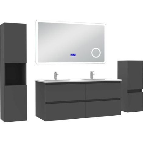 Acezanble ensemble meuble salle de bain 120 cm anthracite avec 4 tiroirs à fermeture automatique, lavabo céramique + miroirBluetooth + 2 colonnes, suspendu (1/5)