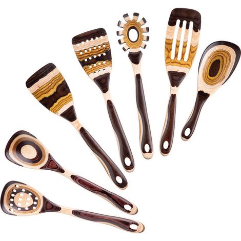 Ensemble d'ustensiles de cuisine en bois de pakka marron, 7 pièces – Robuste et écologique, cuillères en bois pour la cuisine, ustensiles de cuisine en bois, cadeaux pour la maison et la cuisine pour (1/4)