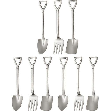 Lot de 9 cuillères à dessert en acier inoxydable en forme de pelle, avec fourchette à dessert. Fournitures pour la maison.-12.20X2.40X0.20CM-Silver