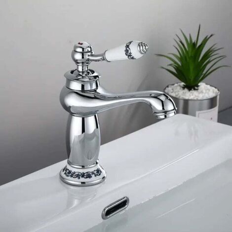 Robinet de lavabo en laiton céramique porcelaine noire et blanche col long rétro floral apporter de l'eau froide et chaude robinet d'eau (chromé) (1/4)
