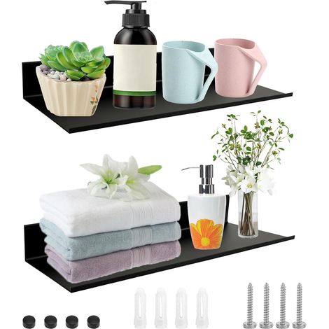 Étagères Murales en Tablette Flottante Aluminum Étagère Rectangulaire pour Salle de Bain salon ChambreNoir 30124cm 2 pcs Métal Noir (1/4)