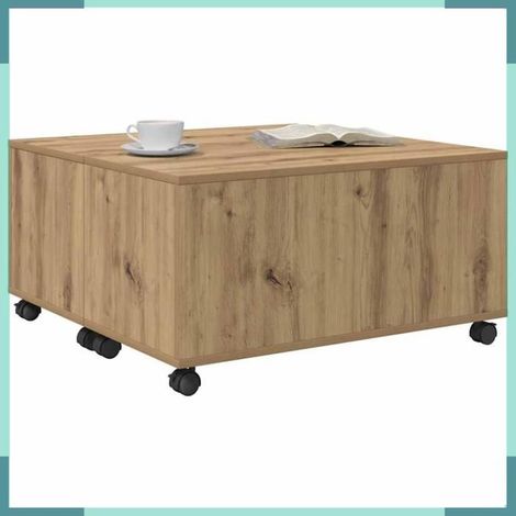 Table basse - 875481 - Chêne artisanal - Carrée 75 x 75 x 38 cm - 1 tiroir, 4 roues (1/5)