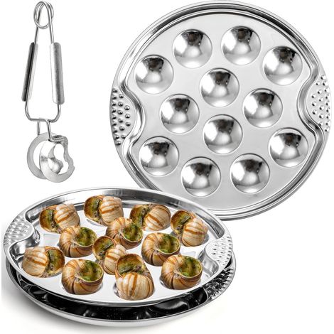 Lot de 3 Assiettes Escargots Acier Inoxydable 12 Trous 19,1cm Avec Pince Cuisine Maison Restaurant