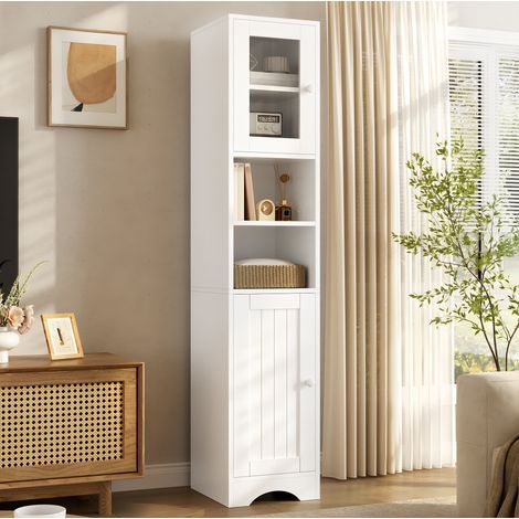 MODFU – Mueble columna 30x35x160 cm de aglomerado con vitrina, puerta de vidrio, estantes y carga 10 kg por estante – Blanco (1/5)