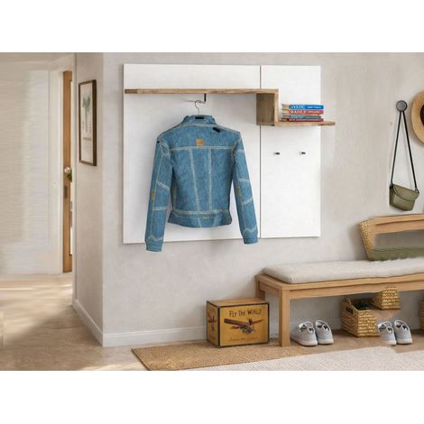 Dmora Perchero horizontal, Made in Italy, con ganchos y tubo para perchas, Mueble de entrada, 120x30h100 cm, color blanco brillante y arce, con embalaje reforzado (1/3)
