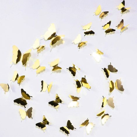 48 3D-Schmetterlings-Wandaufkleber zum Kombinieren, Spiegeleffekt, für die Innendekoration (Gold)