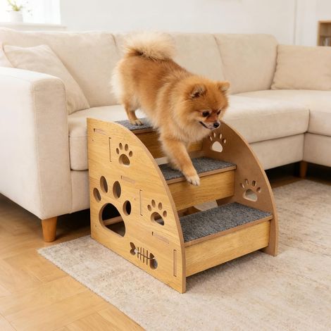 Escalier pour chiens et chats âgés, en bois, à 3 marches, antidérapant, pour lit, canapé, balcon, 30 x 40 x 35 cm (1/5)