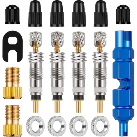18 Pièces Presta Valve Cores Valve Presta Set avec Demonte Valve,Adaptateur Valve Velo,Bouchon Valve Velo,Vis de Soupape Accessoires de Vélo pour Vélos et VTT (1/5)