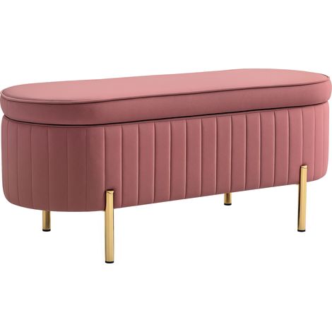 Bout de lit en velours rose, banquette de rangement 72 L avec couvercle, pieds métalliques, dimensions 108x44x43,5 cm. (1/5)