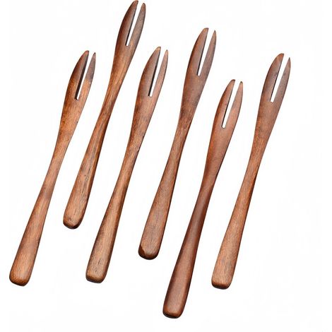 Lot de fourchettes à fruits en bois de nanmu à deux dents pour pâtisseries et desserts 13,5 x 1,2 cm couleur bois naturel (1/5)