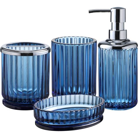 Lot de 4 Accessoires de Salle de Bain en Verre Bleu avec Motif décoratif pressé Comprend Un Distributeur de Savon pour Les Mains, Un gobelet, Un Porte-Savon et Un Porte-Brosse à Dents Bleu Cobalt (1/5)