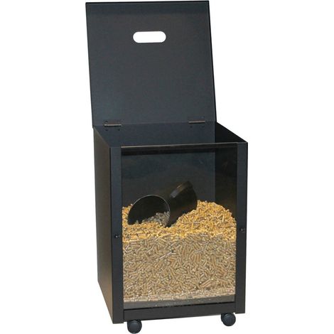 Hochwertiger Pelletskorb mit Frontscheibe Pelletsbox Bodenrollen Holzkorb Schwarz