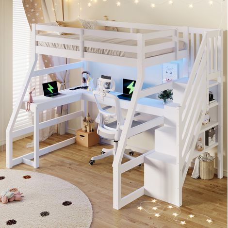 Hochbett 90x200 cm weiß aus MDF, Kiefer und Sperrholz mit Schreibtisch, LED-Beleuchtung und Stauraumtreppe (1/5)