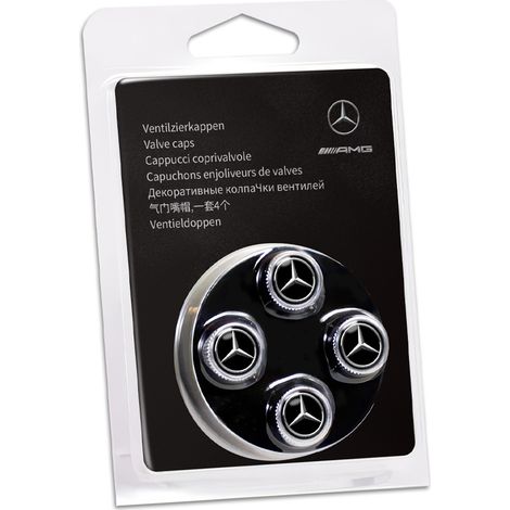 Lot de 4 Bouchons de Valve Métal Mercedes B66472002 - Plaqué Chrome Noir Authentique