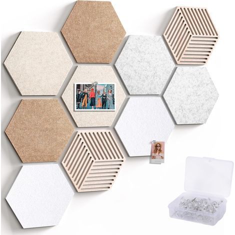 Grand Tableau Hexagonal en Liège 30x26 cm, 10 Pièces Tableau d'Affichage en Feutre avec 50 Punaise, Panneau Liege Mural pour Bureau, Maison
