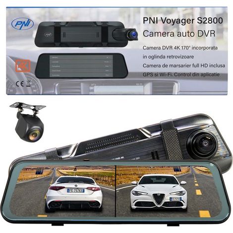 Caméra DVR pour voiture PNI Voyager S2800 UHD 4K 170° rétroviseur, IPS de 9,66", micro SD, USB-C, GPS, Wi-Fi, mobile app (1/4)