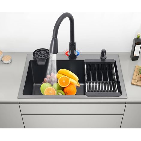 Évier Cuisine 1 Bac Inox Noir Évier Multifonction Robinet Extractible Douchette Évier Cuisine Avec Égouttoir Rince-Tasses Distributeur De Savon 60 x 45 x 20 cm (1/5)